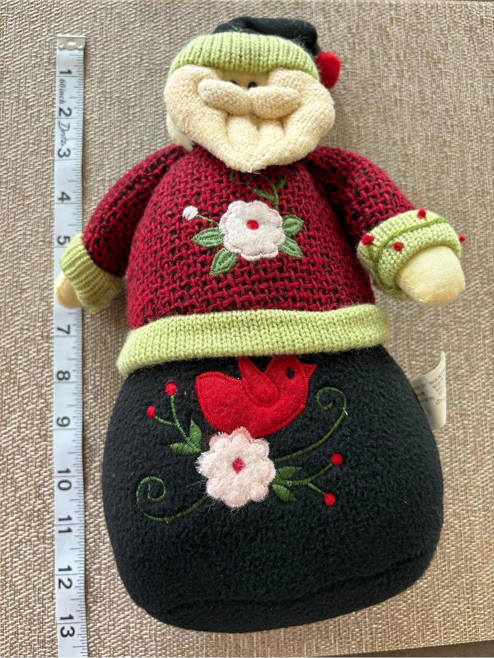 Plush Santa Claus Shelf Sitter Figurine Knit Sweater Embroidered Bird Christmas